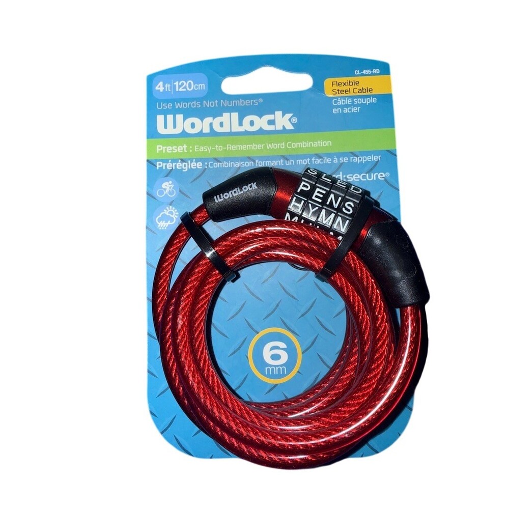 WordLock Cable Bike Lock Red 4ft 6mm Preset Word Combination Keyless